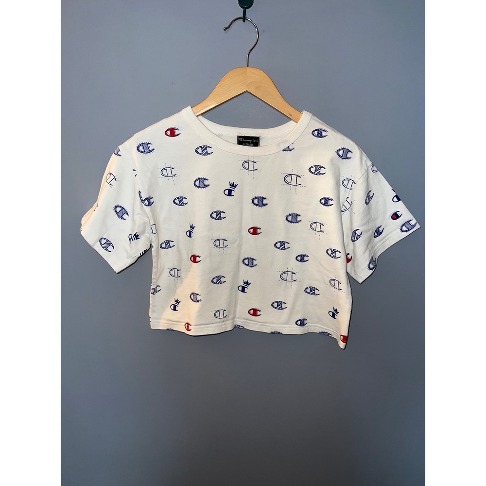 Champion Womens White All Over Logo Print Boxy Crop Top Tee XS Short Sleeve